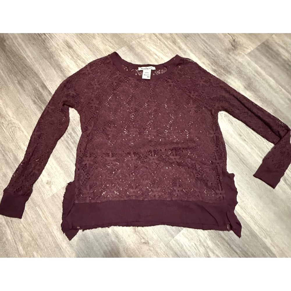 American Rag Co Burgundy Lace Knit Crew Neck Long‎ Sleeve Sweater XS